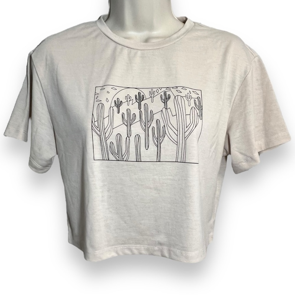 SHEIN Women’s Cropped Cactus Graphic Tee Tan Size Small